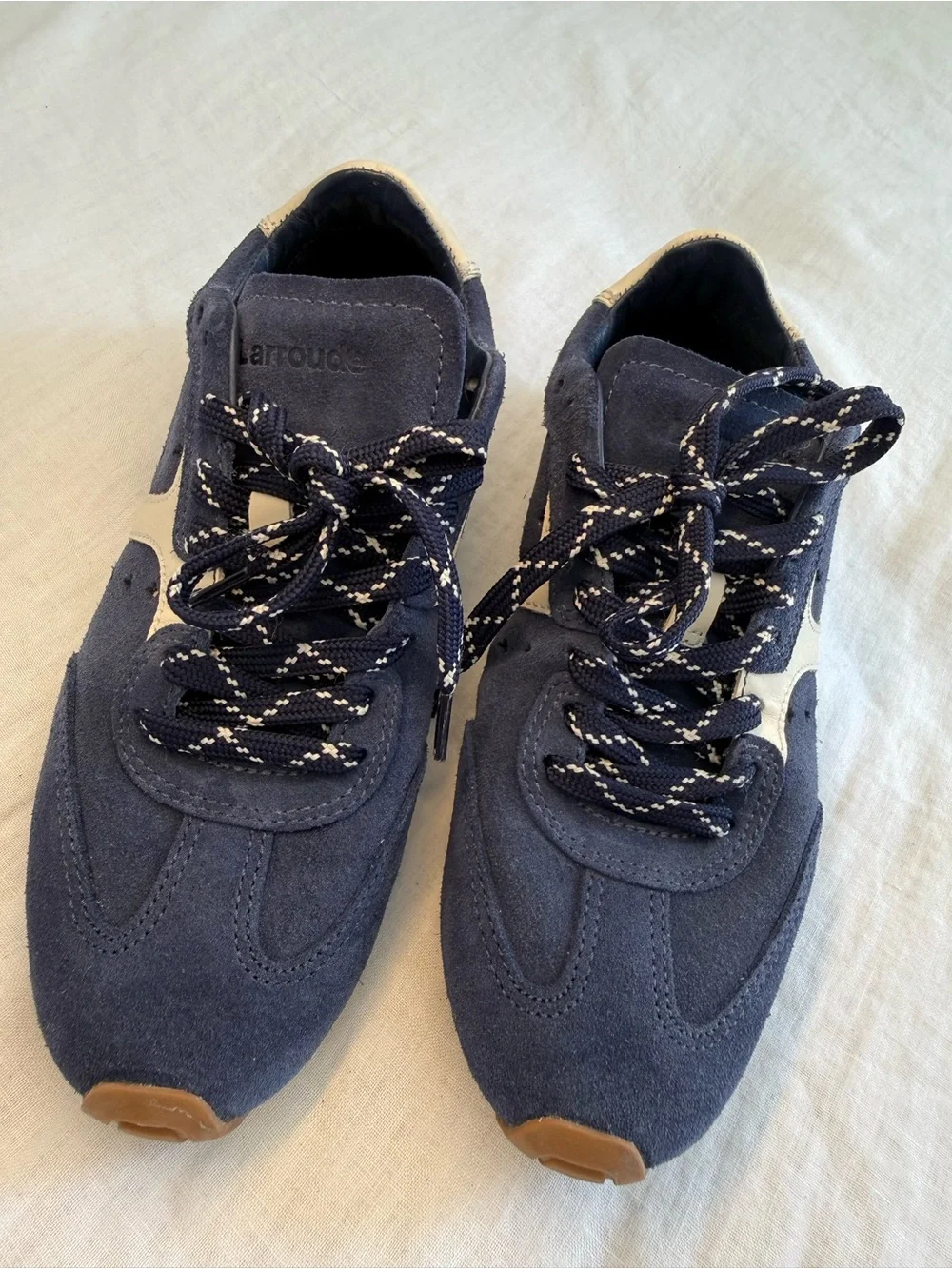 Larroude Stella Sneaker In Navy Suede and Ivory Leather
